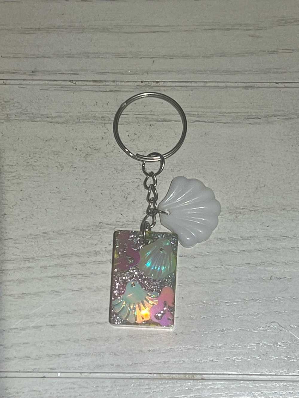 Handmade Iridescent Seashell Resin Keychain with Seashell Charm